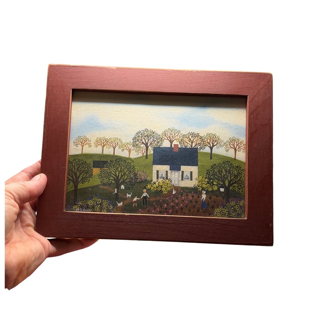 D. Card Folk Art Painting Framed Small Burgundy Farmhouse Scene Excellent Rural